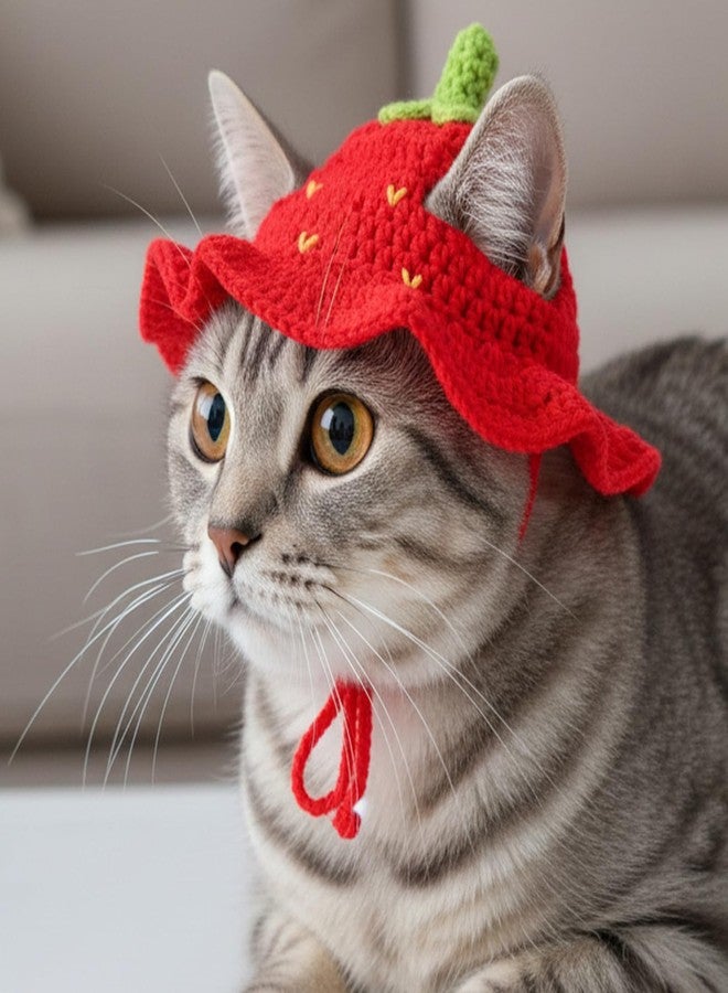 Matwsec 2PCS Strawberry Cat Hats Cute Flower Crochet Hats for Cats Small Pets Birthday Party Christmas Halloween Easter Travel Accessories Puppy Hat - Image 4